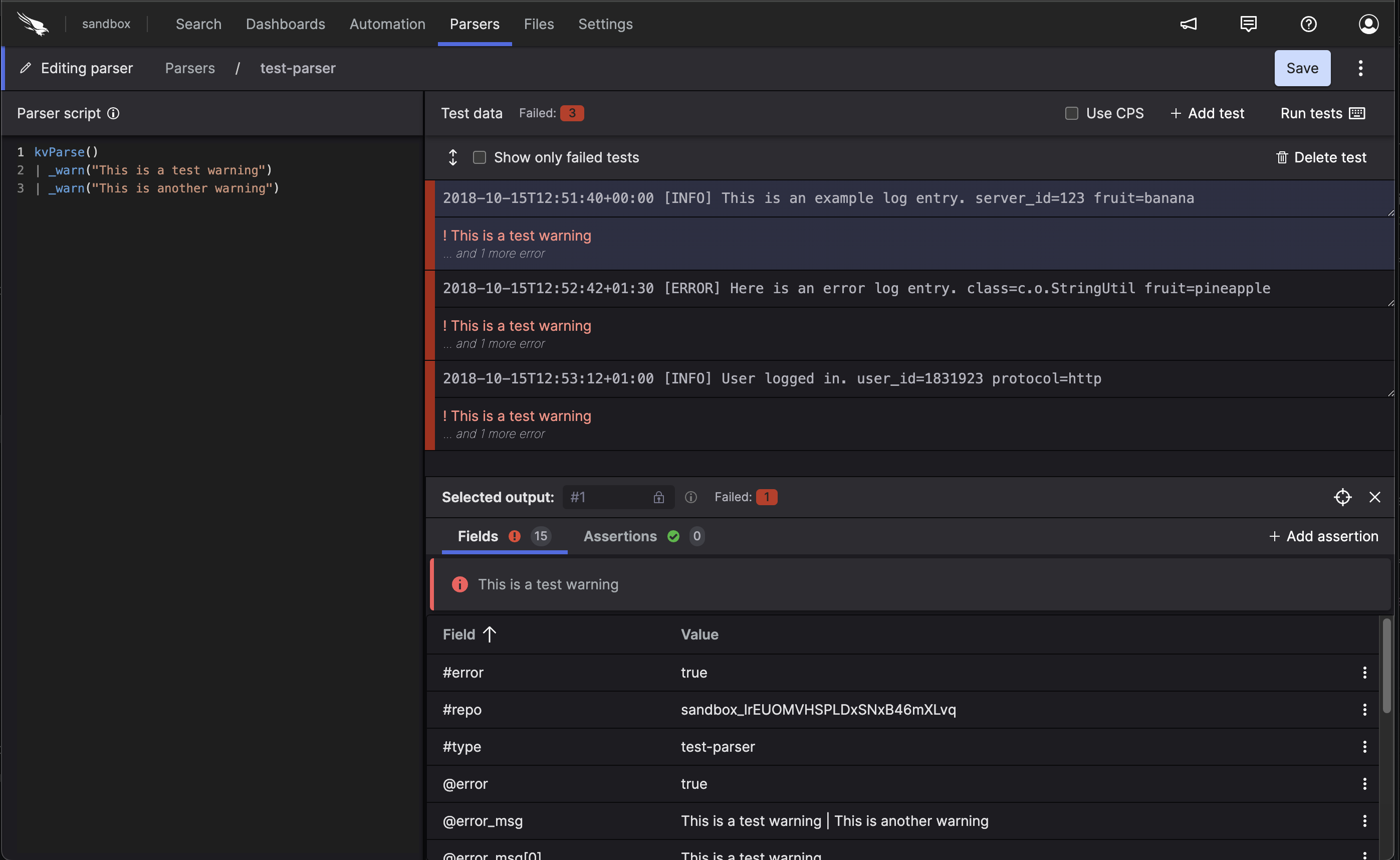 Screenshot of a parser test case showing a warning message indicating that lookup query functions have invalid or missing files