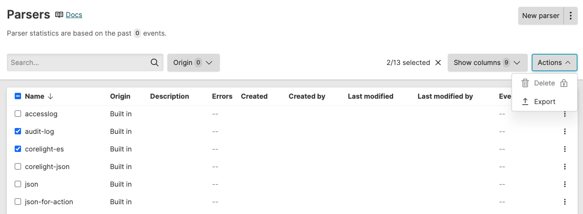 Screenshot of the Parsers table with multiple parsers selected via checkboxes and an Actions dropdown menu showing bulk delete and export options