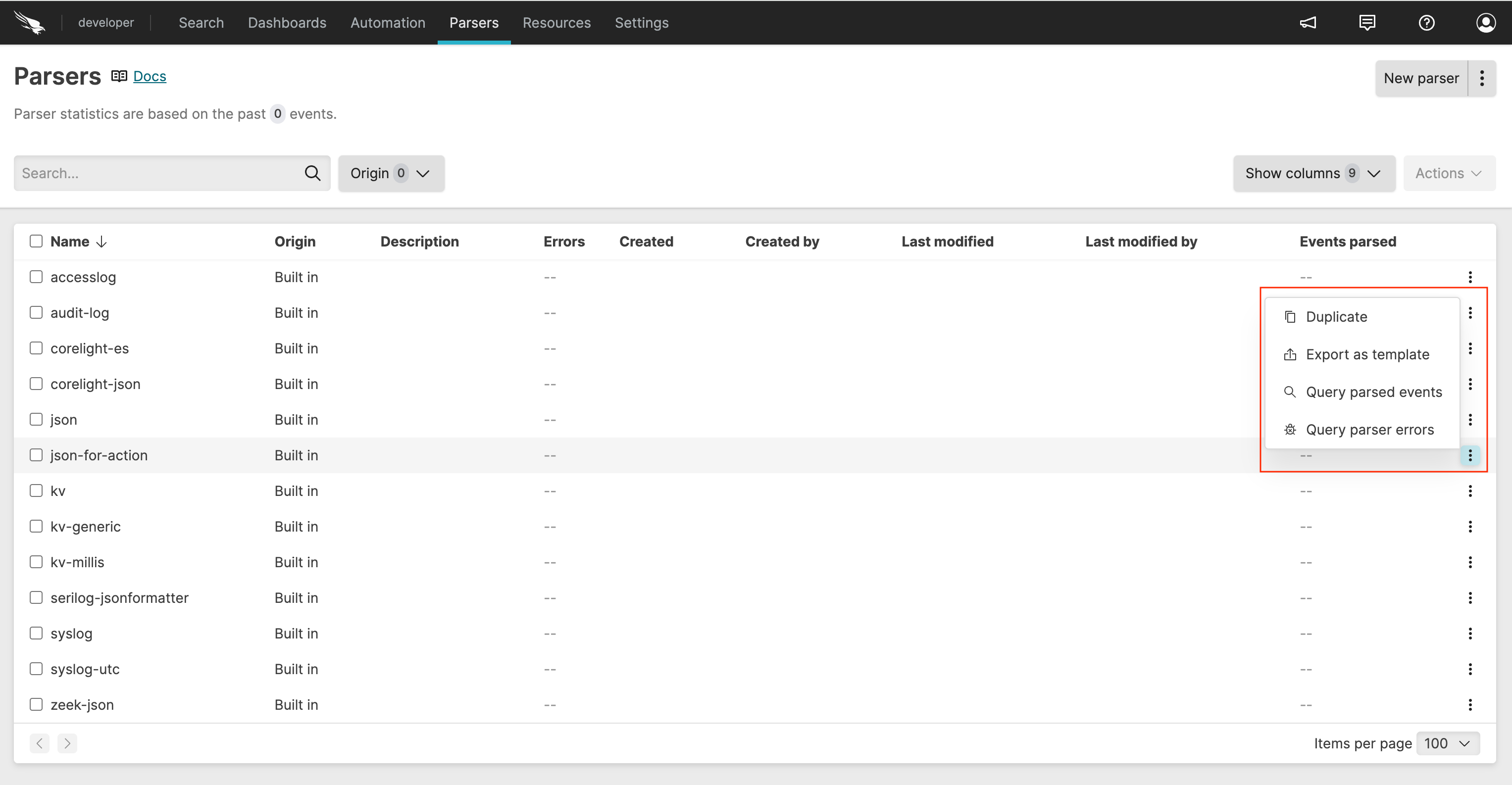 Screenshot showing a parser table row with the ellipsis menu icon expanded to display single parser management options including Duplicate, Export, and Delete