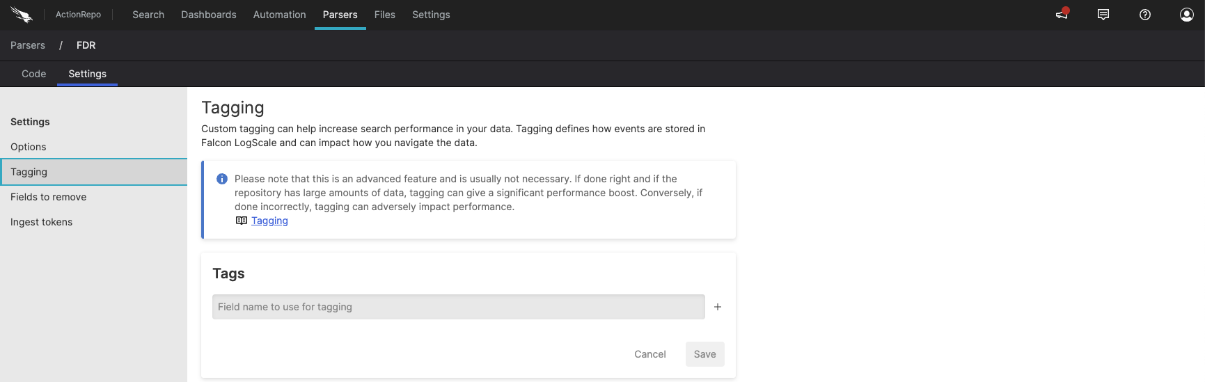 Screenshot of the Tagging page showing input fields for specifying which parsed fields should be used as tagging fields for event organization