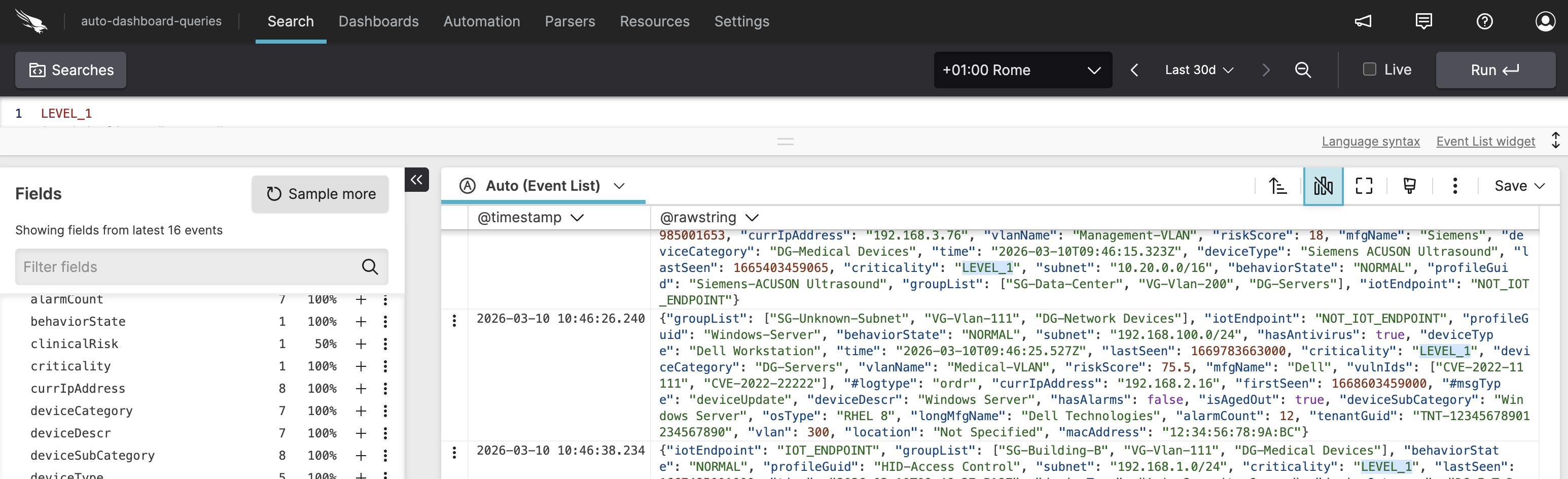 Query Editor displaying a single search term with the Event List panel showing matching results highlighted in the log entries.