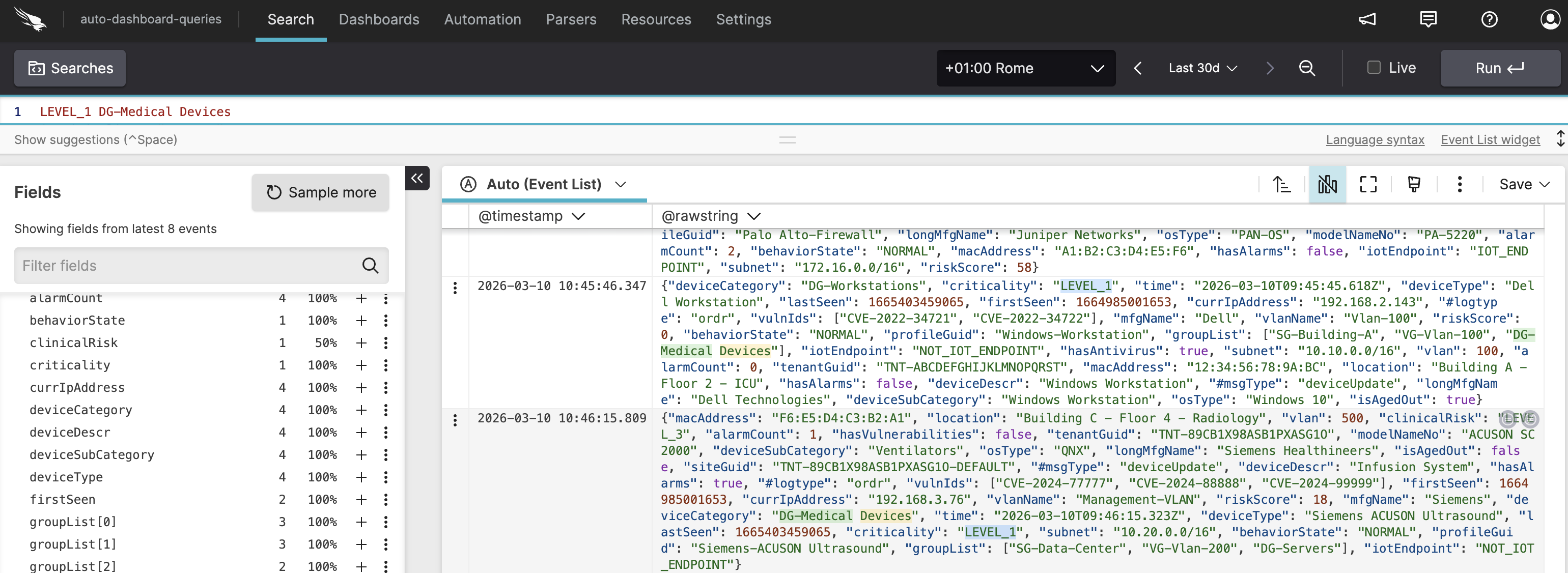 Query Editor displaying two search terms with the Event List panel showing matching results where both terms are highlighted in the log entries.