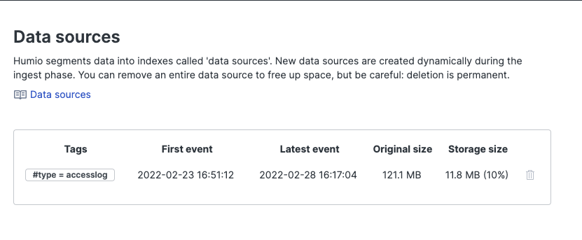 Screenshot showing the Data sources page with a table listing Tags, First event, Latest event, Original size, and Storage size columns for one datasource entry.