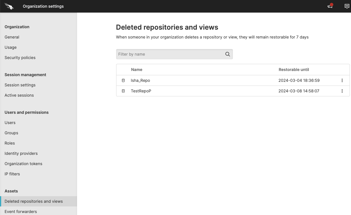 Screenshot showing the Deleted repositories and views page under Organization settings, with a table listing repository names and their Restorable until dates.