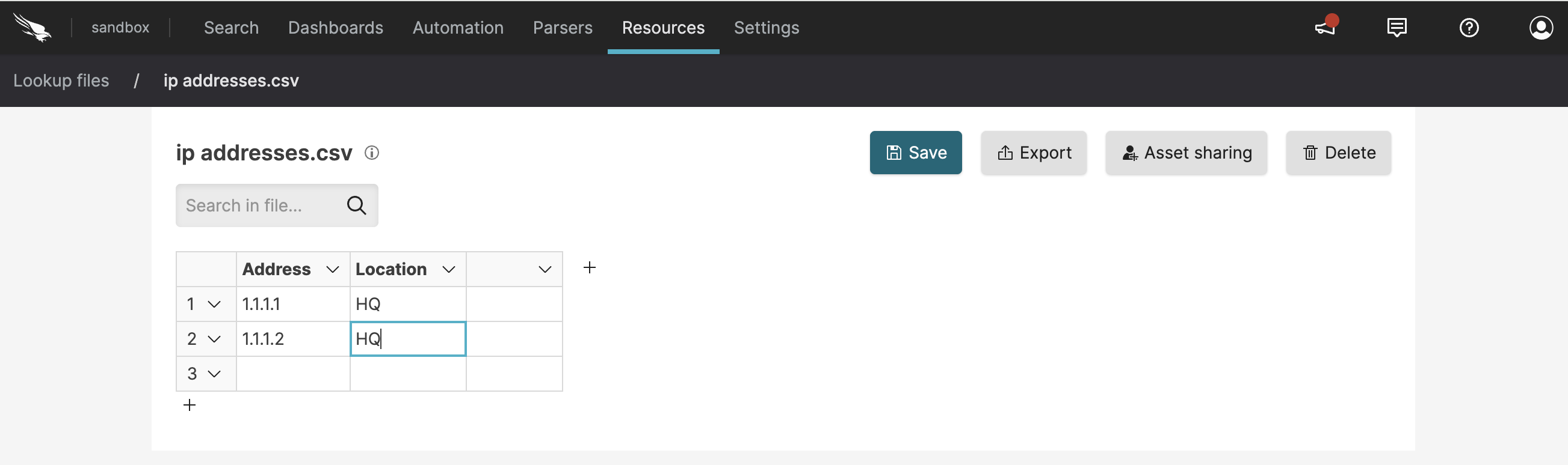Screenshot showing the lookup file editor with an ip addresses.csv file open, displaying Address and Location columns with two data rows and Save, Export, Asset sharing, and Delete buttons.