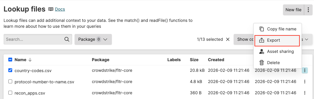 Export options for each lookup file.