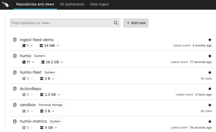 Repositories and Views page displaying a searchable list of repositories with columns for Name, Type, Ingest Size, Storage Size, and Last Modified.