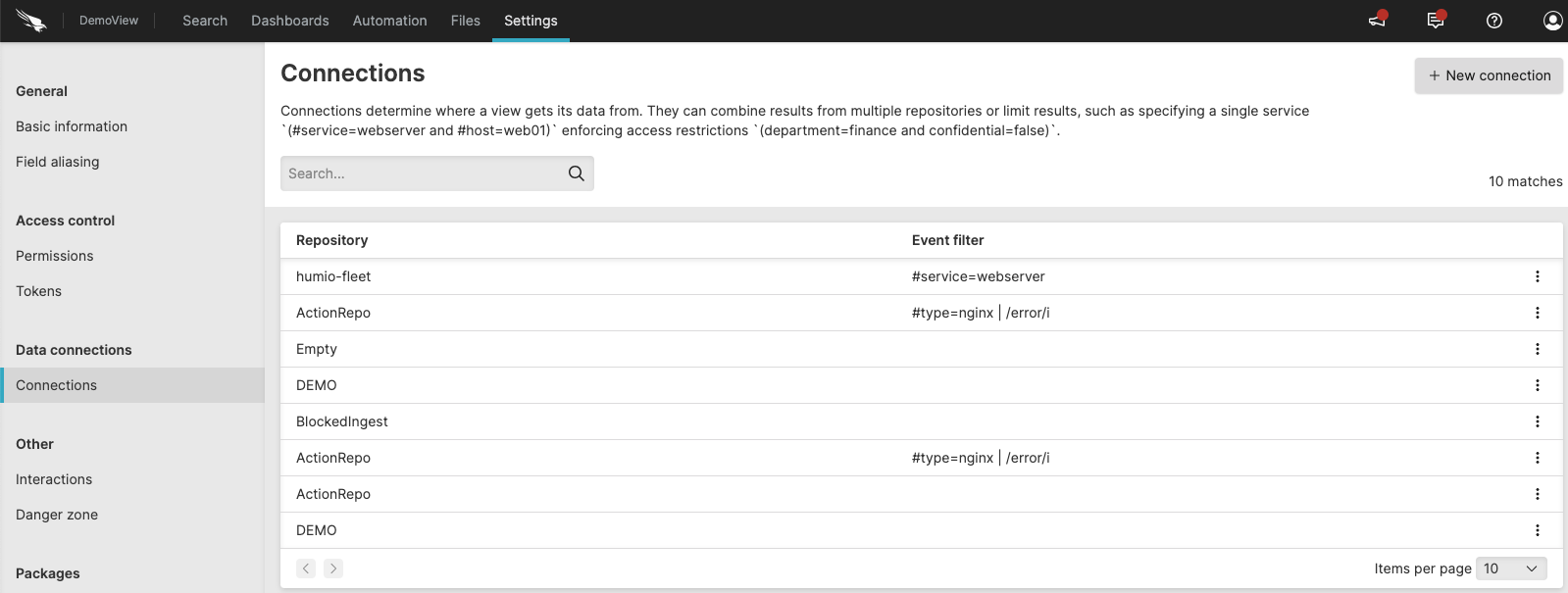 Screenshot showing the Connections settings page with a table listing connected repositories and their event filters, and a New connection button.