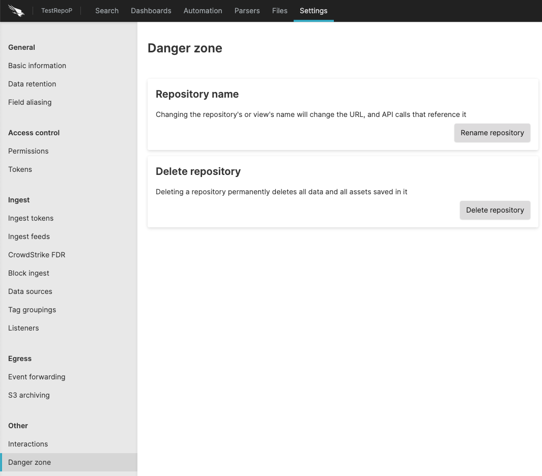Screenshot showing the repository Danger zone settings page with a Repository name field, a Rename repository button, and a Delete repository section with a Delete repository button.