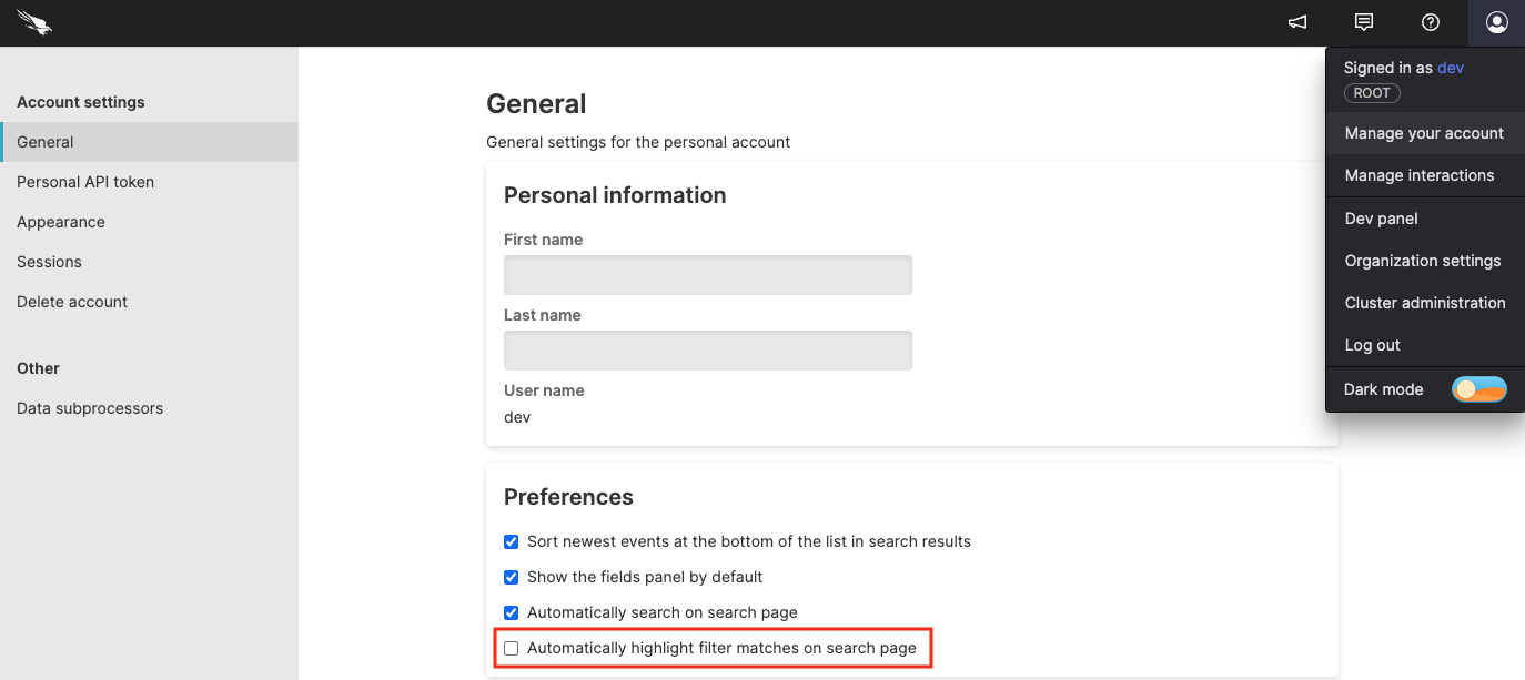 Screenshot showing the Account settings General page with the Automatically highlight filter matches on search page checkbox highlighted in the Preferences section.