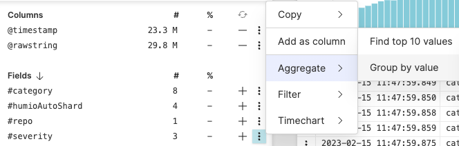 Screenshot showing the Fields panel with a three-dot menu expanded to reveal Copy, Add as column, Aggregate, Filter, and Timechart options for a selected field.