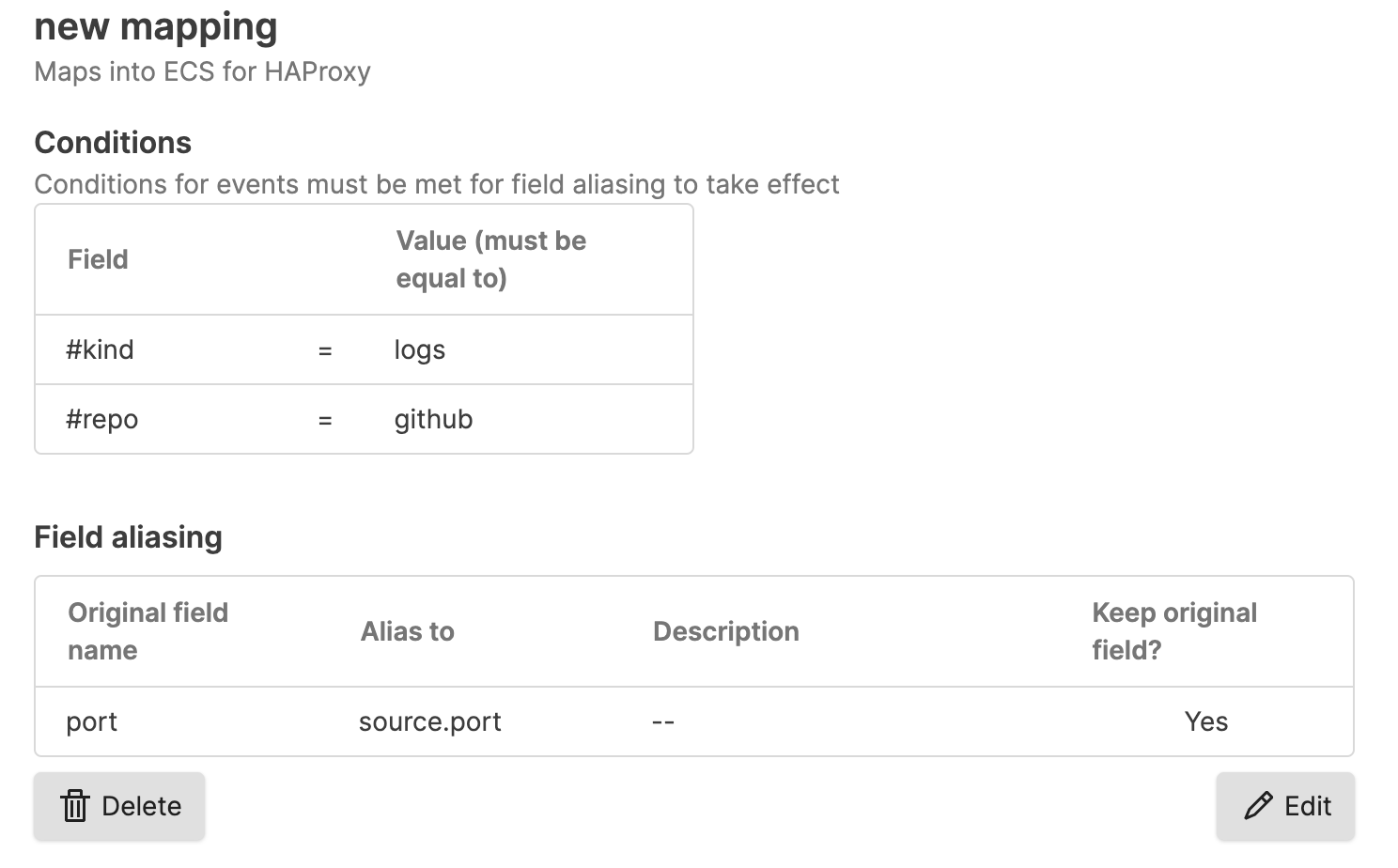 Screenshot showing the field aliasing management page for a mapping with Conditions and Field aliasing sections, listing the original field, alias, description, and a Keep original field column.