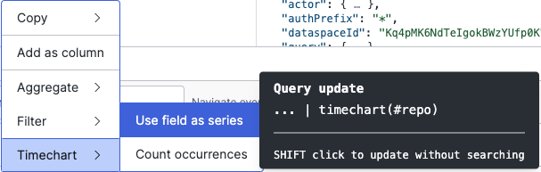 Query editor displaying a tooltip with a suggested query modification after selecting a field interaction option.