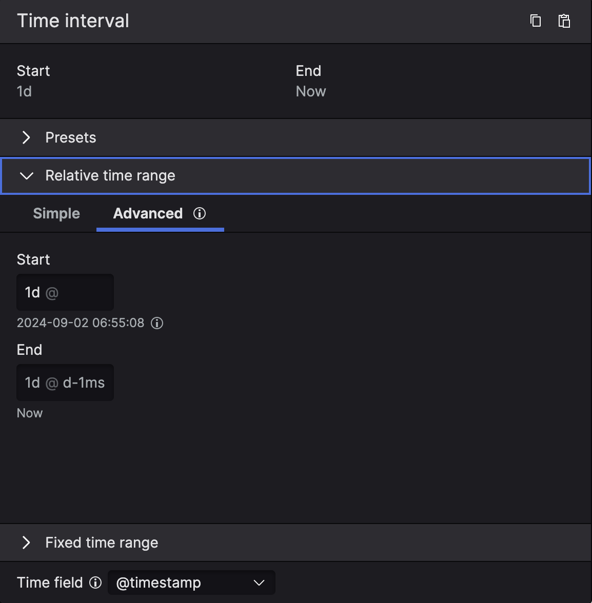 Time interval dialog with fields for Start time and End time in Advanced tab, each supporting both relative time expressions and absolute timestamp values.