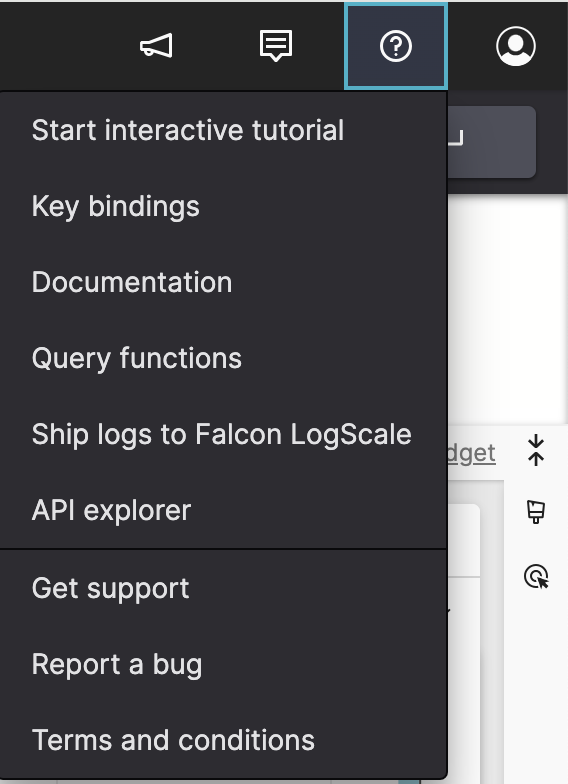 Screenshot showing the Help menu dropdown with options including Start interactive tutorial, Key bindings, Documentation, Query functions, Ship logs to Falcon LogScale, API explorer, Get support, Report a bug, and Terms and conditions