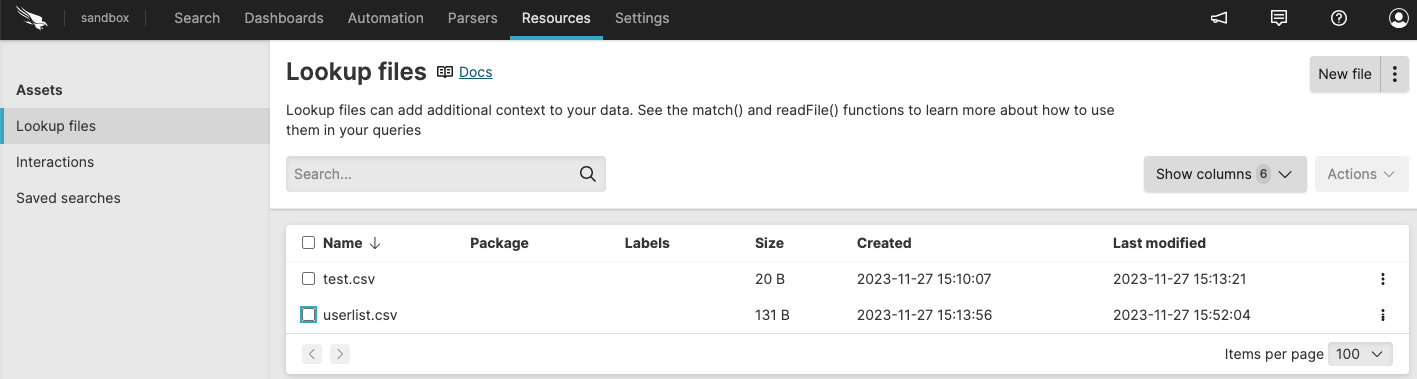 Screenshot showing the Lookup files page under Resources with a table listing file names, package, labels, size, created date, and last modified date columns.