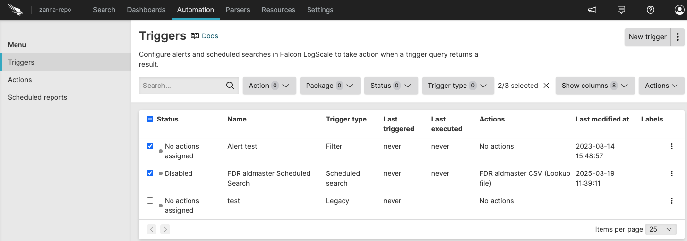 Screenshot of the Triggers overview page showing the Show columns button, filter options, search field, and trigger list with checkboxes for bulk operations including Enable, Disable, Delete, Assign labels, and Export
