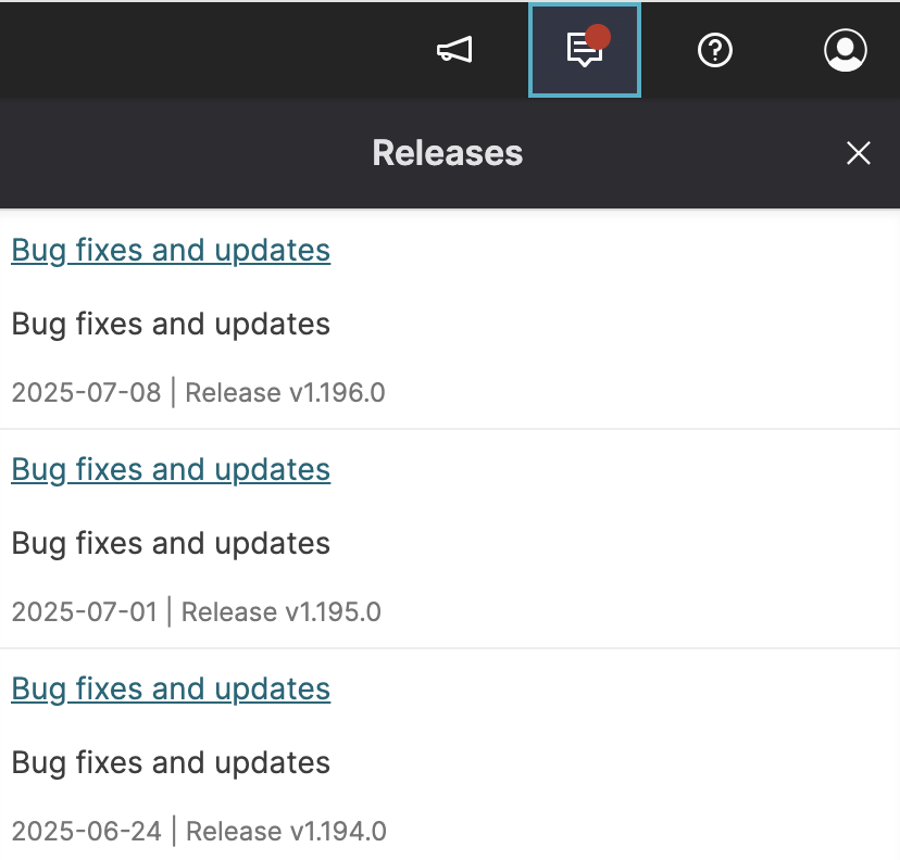 Screenshot showing the Releases page displaying a list of bug fixes and updates with release dates and version numbers such as v1.196.0, v1.195.0, and v1.194.0
