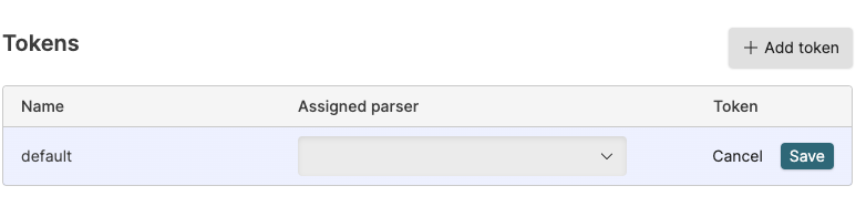 Screenshot of the Ingest tokens page showing a list of tokens with ellipsis menu icons for editing token configurations including parser assignments