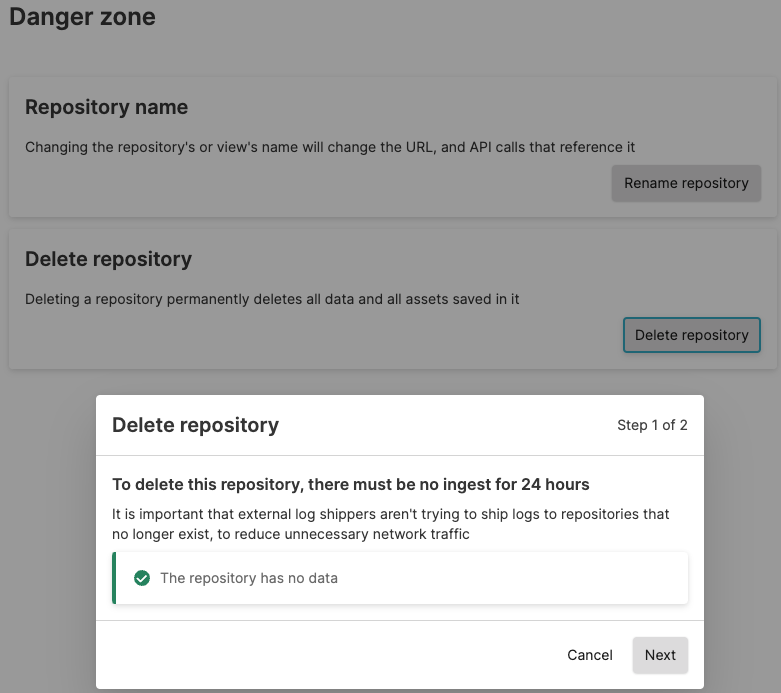 Screenshot showing the Delete repository dialog at step 1 of 2, stating the repository must have no ingest for 24 hours, with a green checkmark confirming the repository has no data.