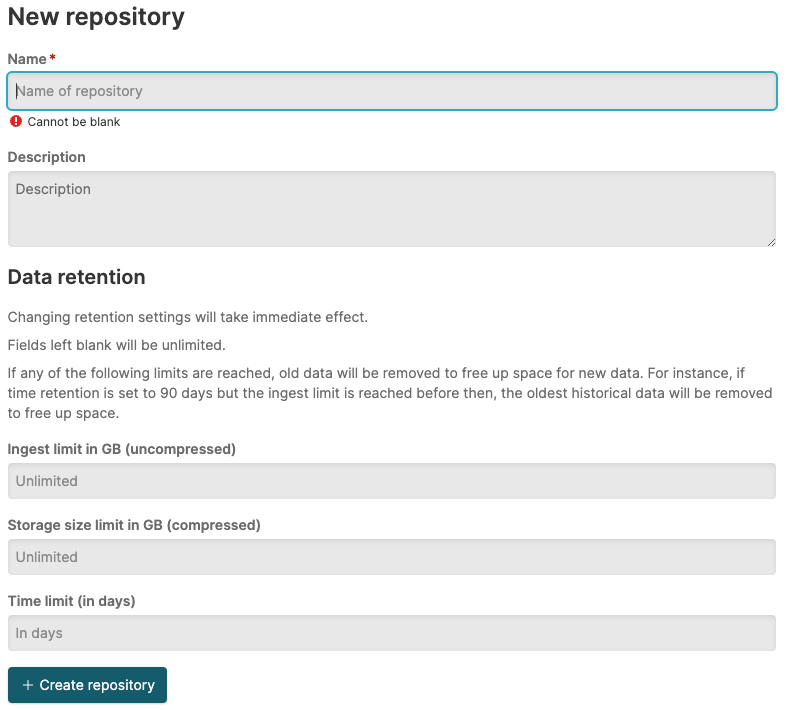 Screenshot showing the New repository form with Name and Description fields, a Data retention section with ingest limit, storage size limit, and time limit fields, and a Create repository button.