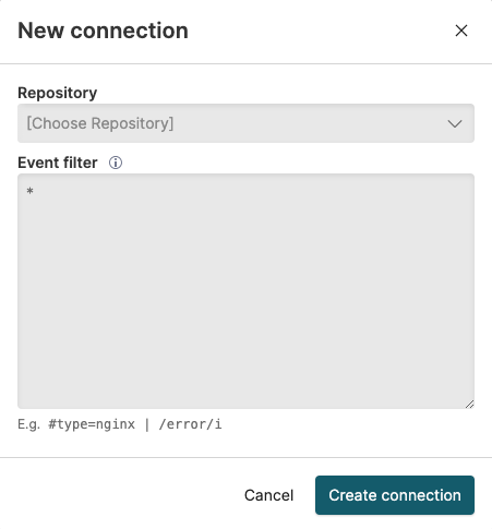 Screenshot showing the New connection dialog with a Repository dropdown set to Choose Repository, an Event filter text area, and Cancel and Create connection buttons.