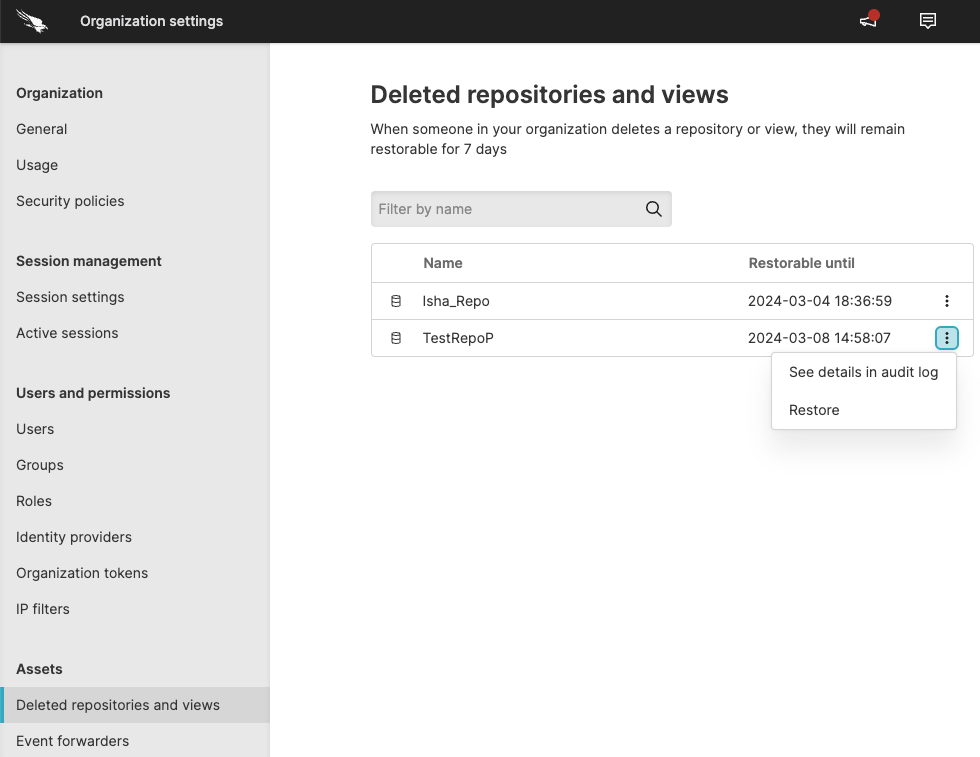 Screenshot showing the Deleted repositories and views page with an expanded action menu for a repository, showing See details in audit log and Restore options.