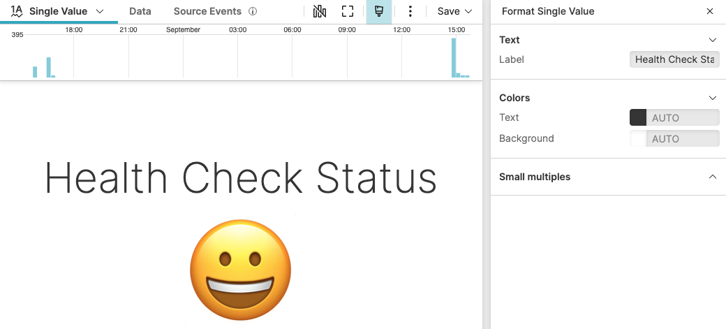 Screenshot showing a single value widget titled Health Check Status displaying a large emoji face icon instead of a numeric value, with a 24-hour time range indicator