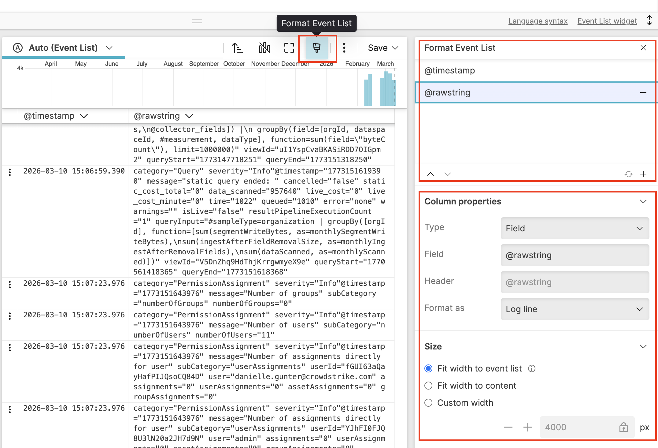 Expand the Format Event List Panel and its column properties
