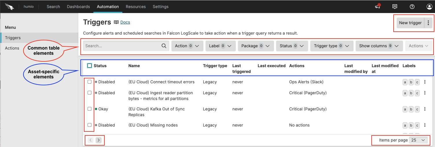 Example of LogScale User Interface table component