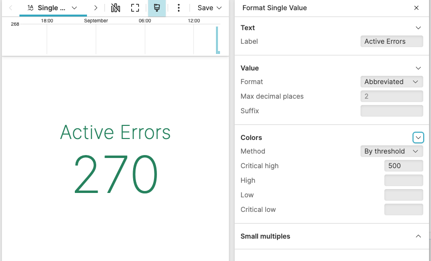 Screenshot showing a single value widget displaying a large error count number centered on a dark background with a 24-hour time range indicator