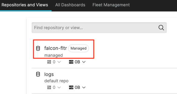 Screenshot showing the Repositories and Views list with a falcon-fltr entry labeled Managed highlighted in a red box, alongside a logs default repository.