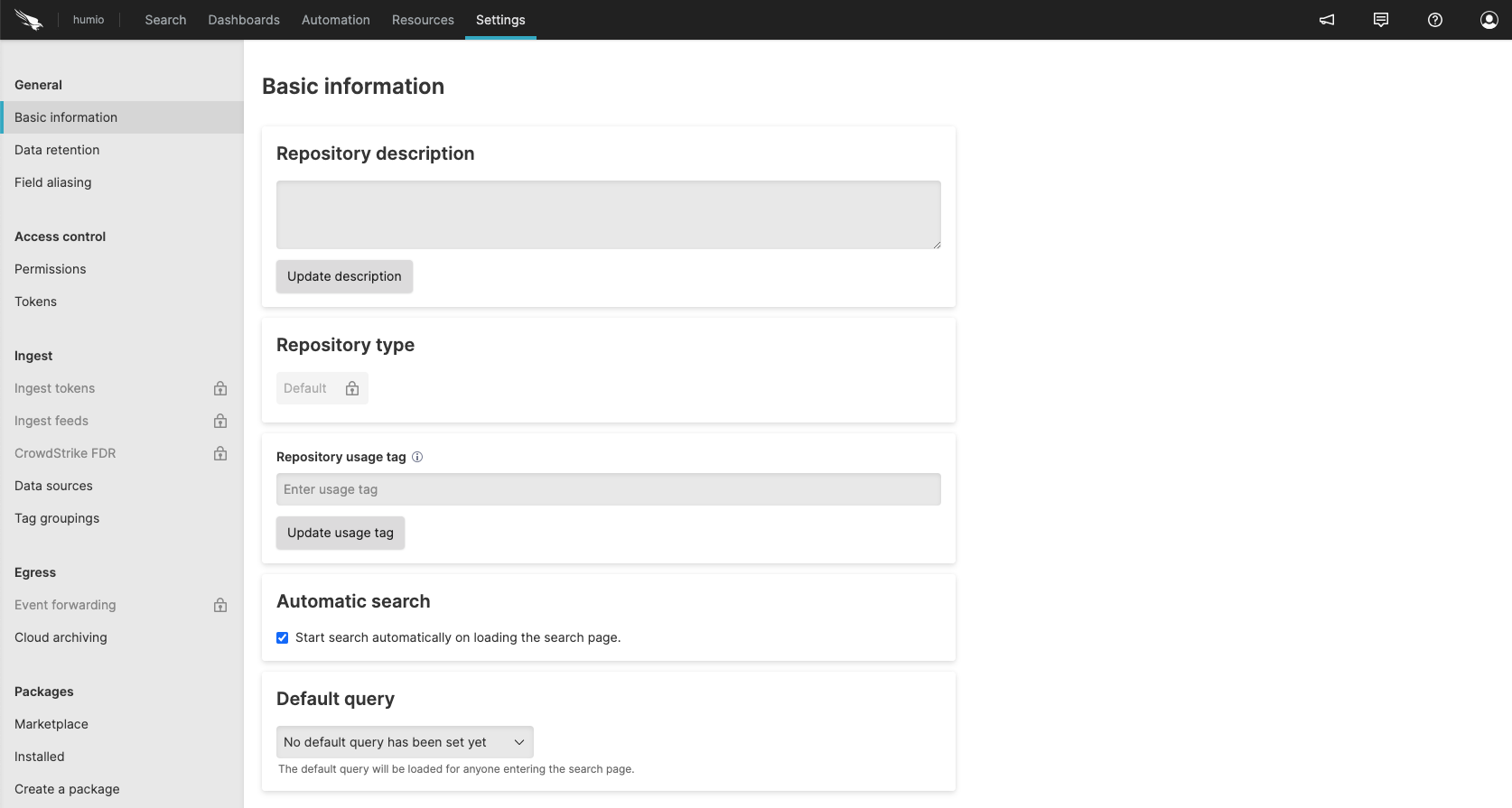 Screenshot showing the Basic information settings page with fields for Repository description, Repository type, Repository usage tag, Automatic search checkbox, and Default query dropdown.