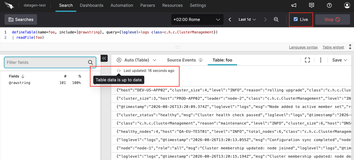 The Table tab header showing the sync icon button when table data is current in a live query.