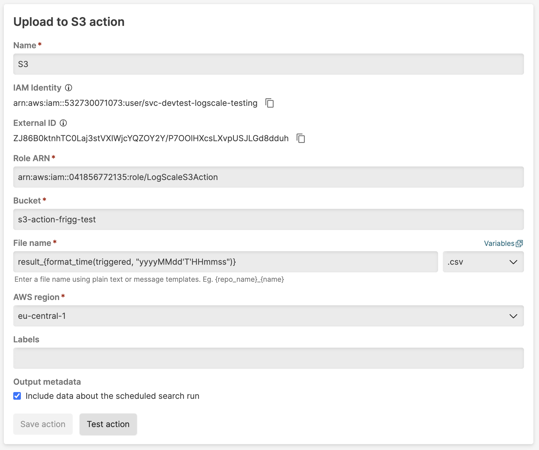screenshot showing the LogScale form for configuring S3 action