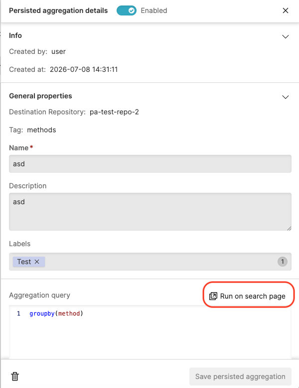 Screenshot showing the Edit in search page button in the persisted aggregation configuration panel