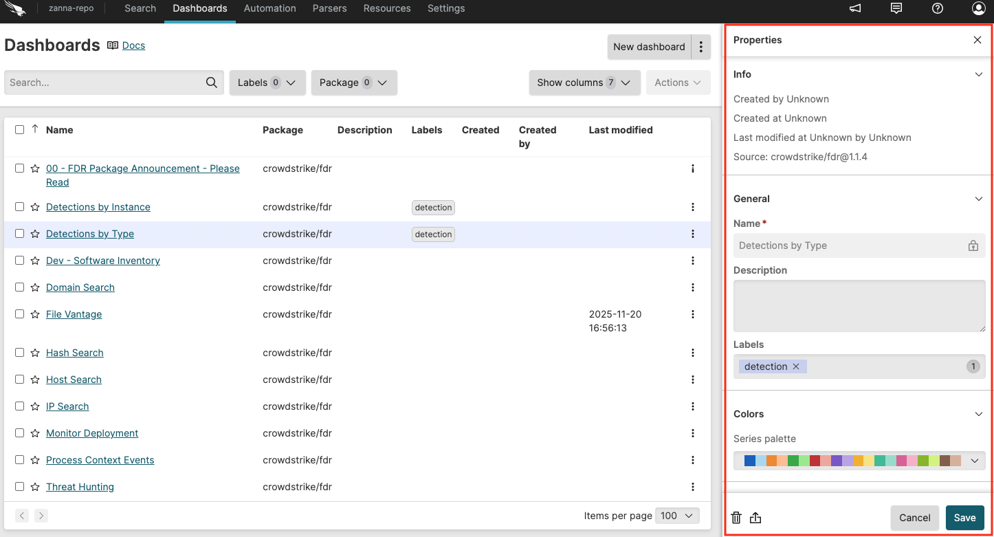 Screenshot showing the dashboard properties panel opened from the table