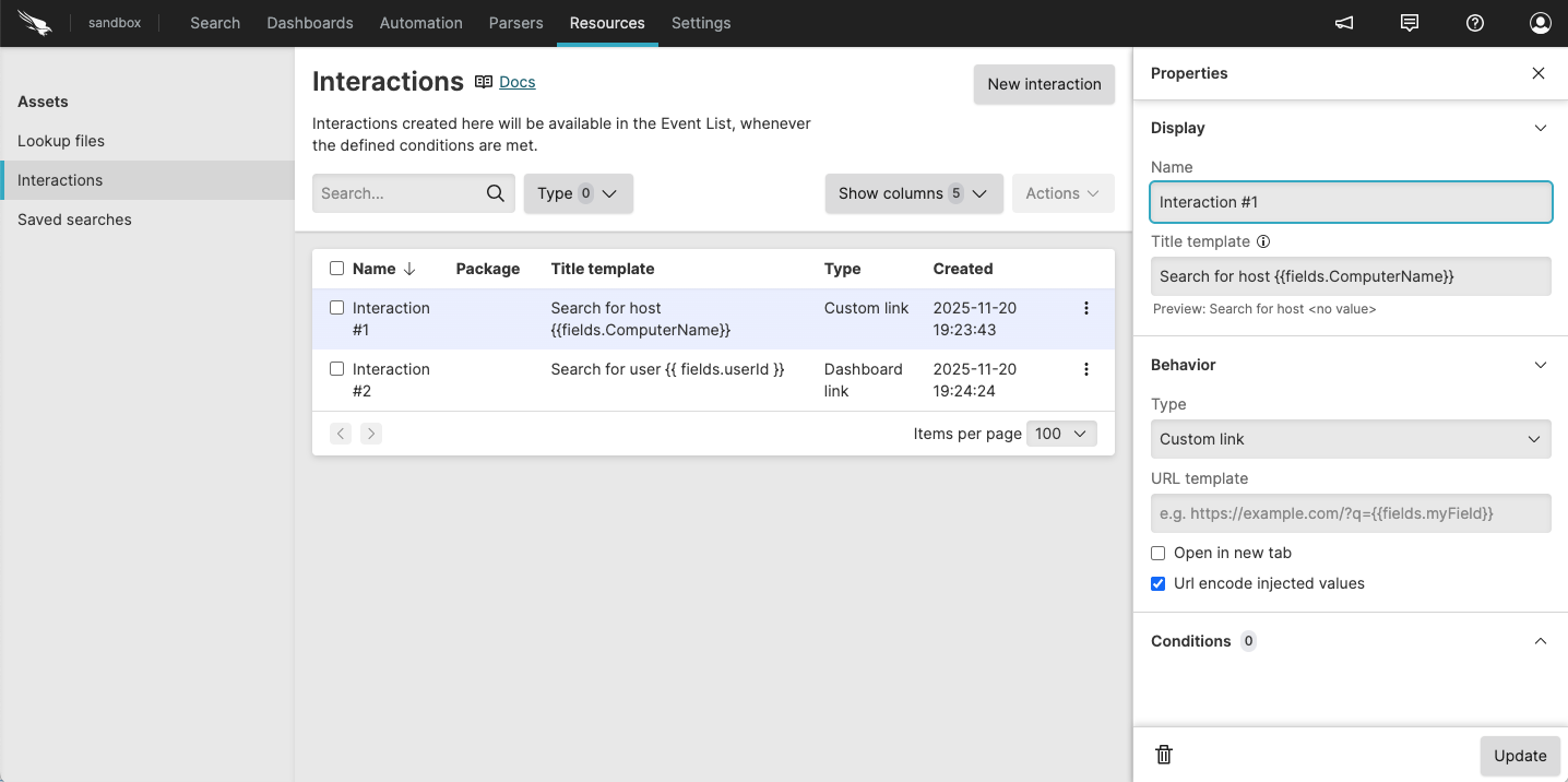 Options for changing interaction properties