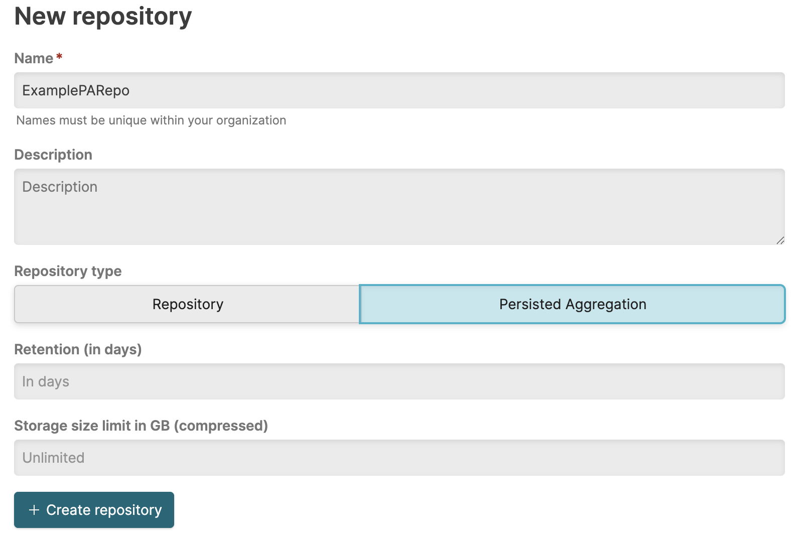 New Persisted Aggregation Repository Form