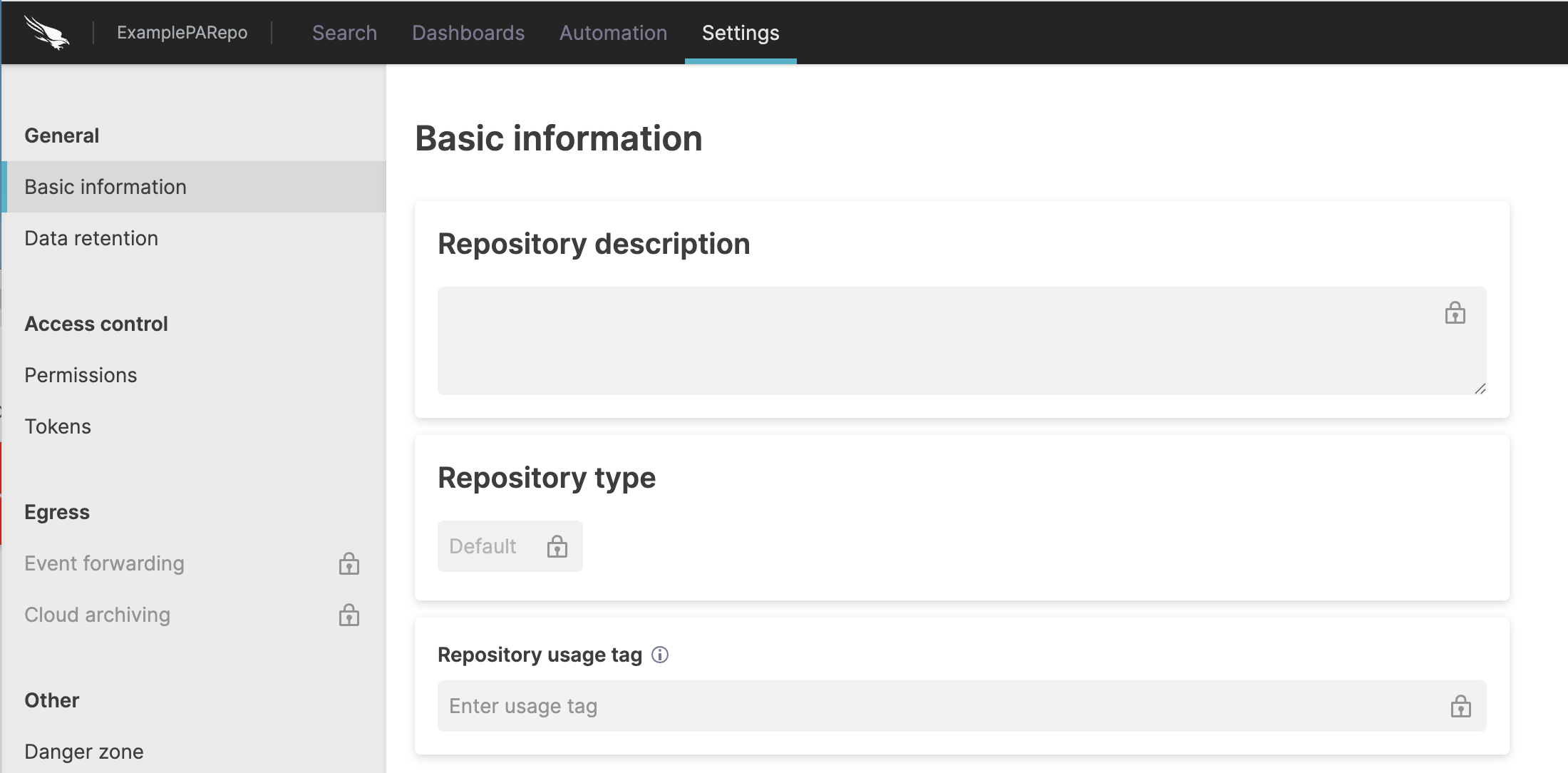 Persisted Aggregation Repository Settings showing locked repository type and usage tag fields
