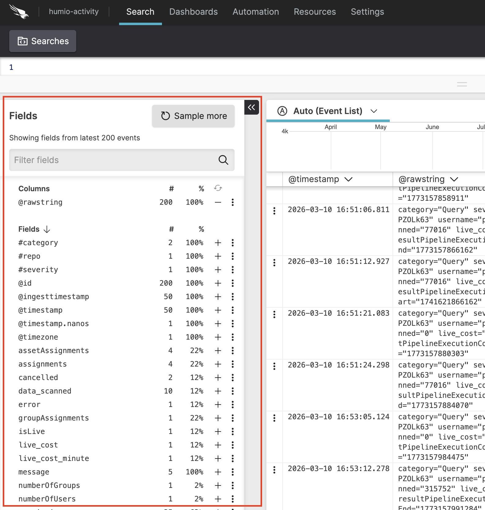 Screenshot highlighting where the Fields Panel is located in the web interface