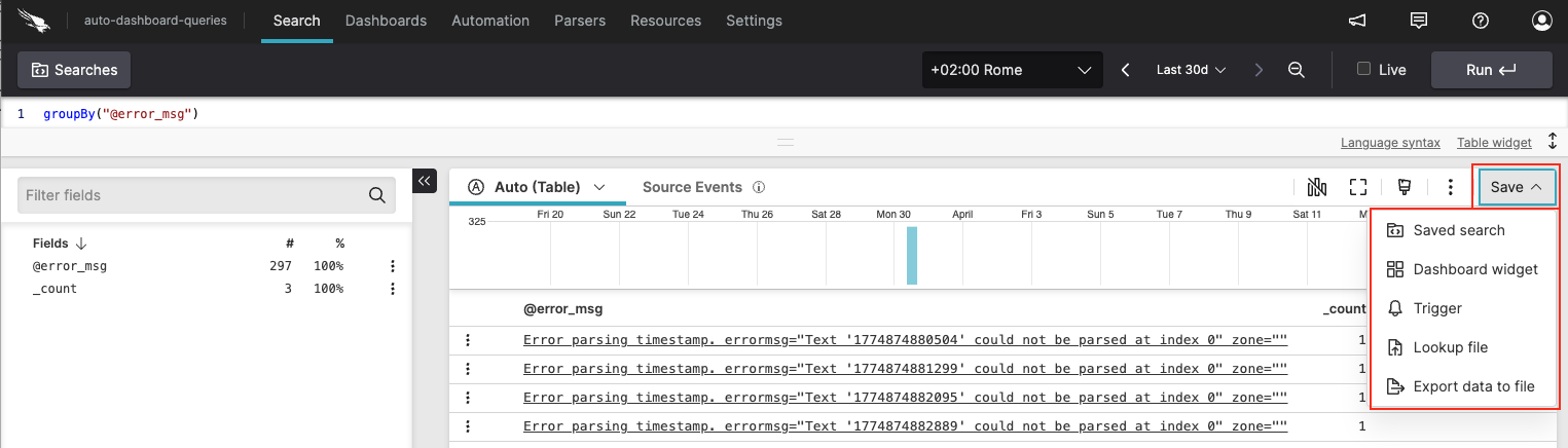 Screenshot showing the save button with its options