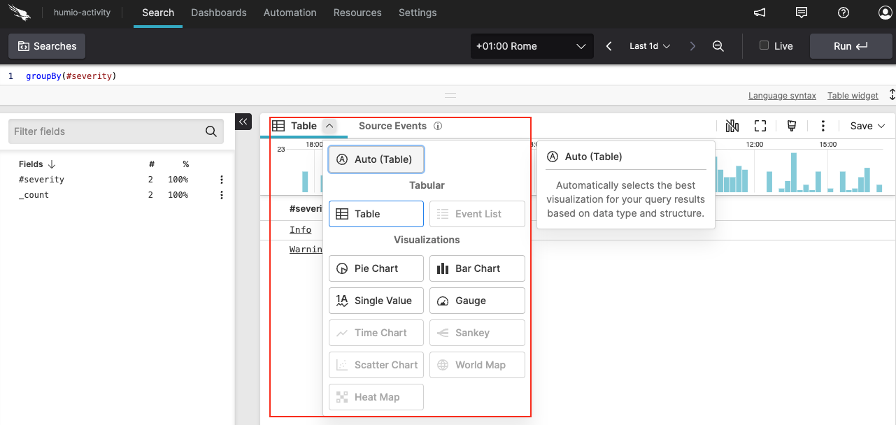 Screenshot showing the widget selector