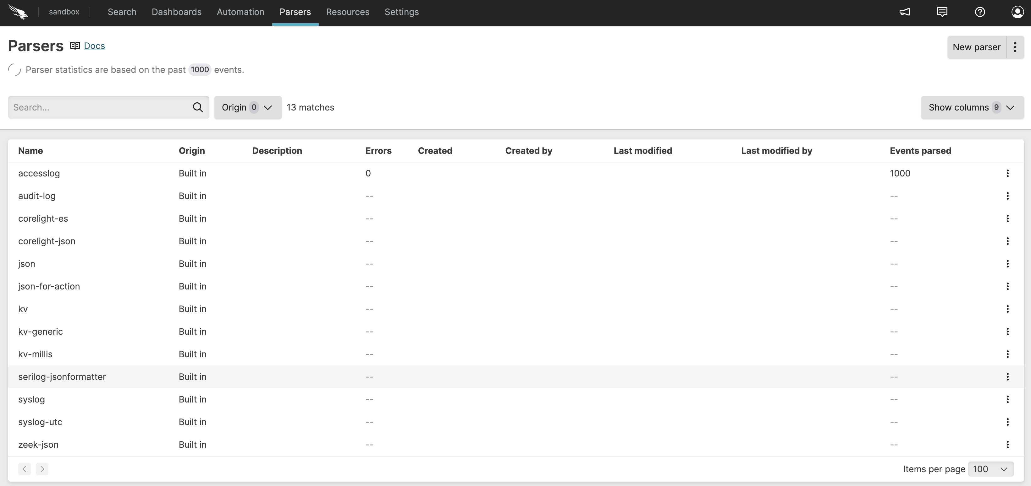 Screenshot showing the Parsers table component