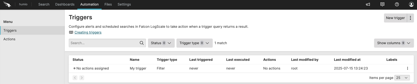 Screenshot showing the available triggers in a specific repository