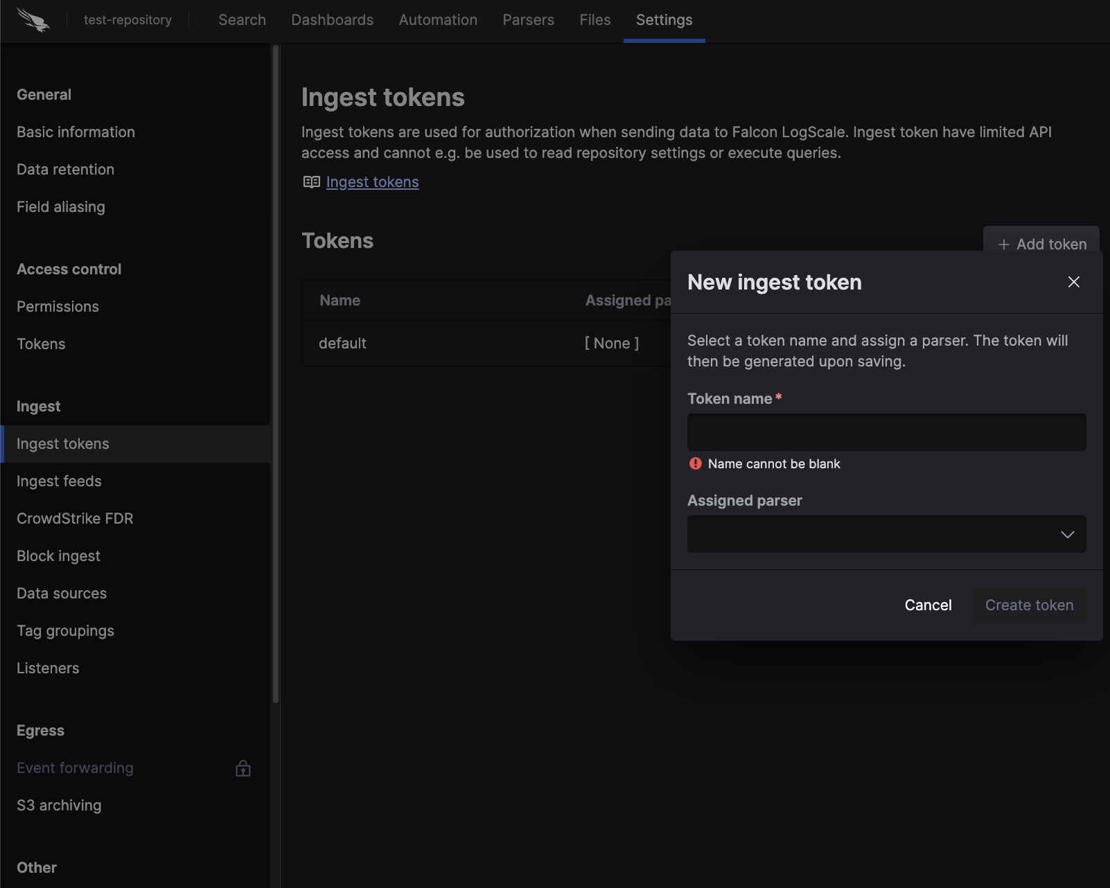 Screenshot showing how create a new ingest token