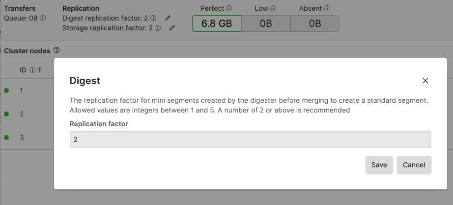Screenshot of the LogScale interface showing the Replication section of the Cluster nodes page where administrators can configure high availability settings. The image highlights the pencil icons next to both 'Digest replication factor' and 'Storage replication factor' settings that allow administrators to modify these values. This interface is used to set both replication factors to a value of 2, which is a critical step when implementing high availability in a LogScale cluster. Proper replication factor configuration ensures that data is stored redundantly across multiple nodes, allowing the cluster to continue functioning if a node fails.