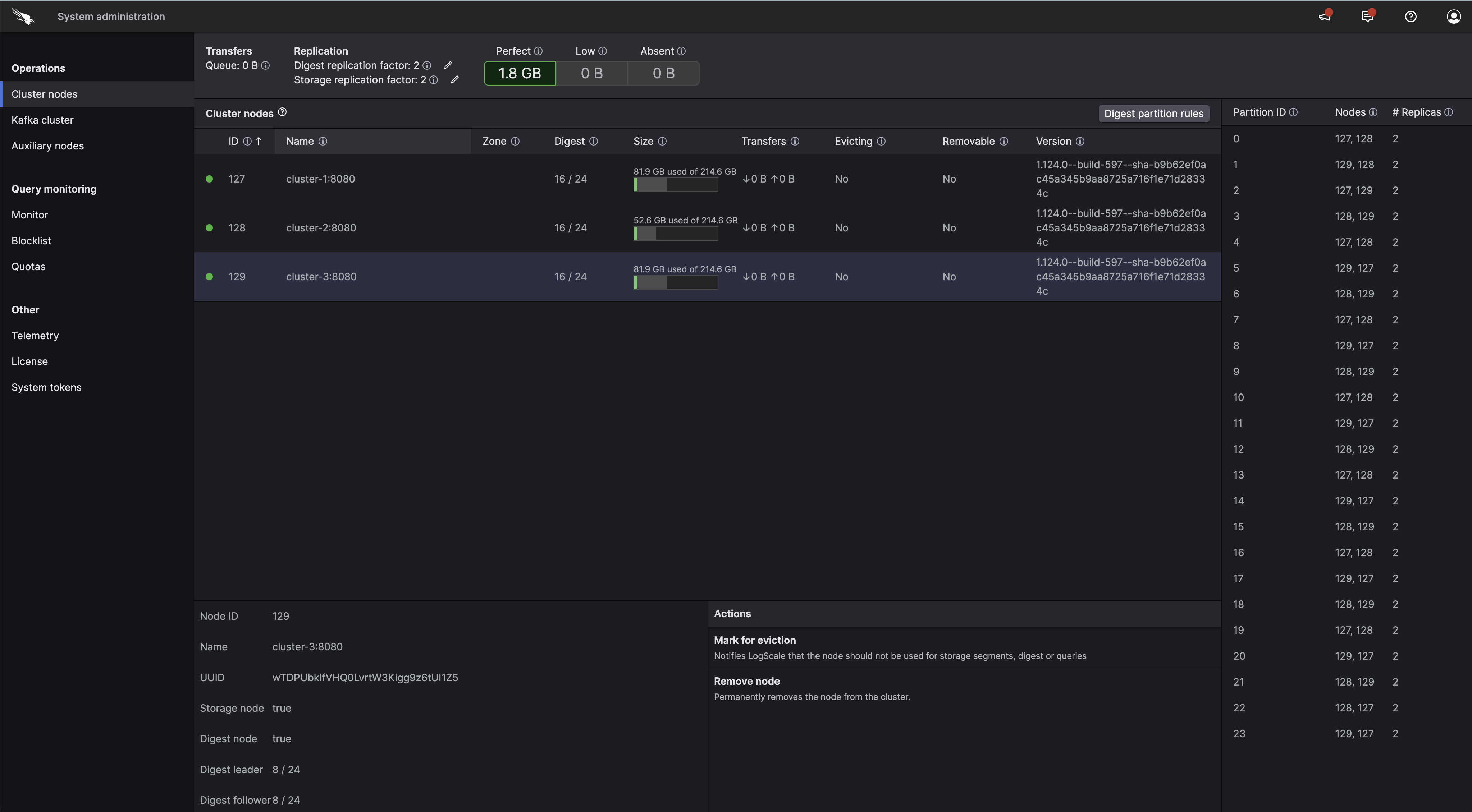 Screenshot of the LogScale administrative interface showing the Digest Partition Rules configuration panel. The image displays a tabular view of digest rules for a cluster with three nodes, illustrating how incoming data processing is distributed across the cluster. The table shows partition assignments where each node is assigned to handle specific digest partitions out of the total 24 partitions in the system. Node 1 is configured to process events from multiple partitions, giving it approximately twice the workload of Node 3, which is only handling events from partition 2. The interface demonstrates how administrators can visualize the current digest workload distribution across their cluster nodes, ensuring even distribution of real-time query execution and segment file compilation tasks. This configuration panel appears on the right side of the screen after navigating to Cluster Administration, selecting the Cluster nodes tab, and clicking the Digest Partition Rules button.