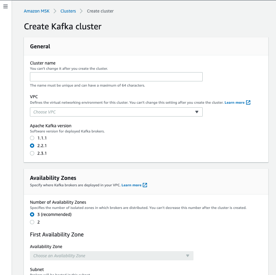 Screenshot of AWS Console Create cluster wizard for Amazon MSK showing cluster name field, VPC selection dropdown, Kafka version selector set to 2.4.0, and availability zone configuration options with subnet selections