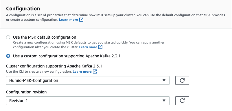 Screenshot of AWS Console MSK cluster creation wizard Configuration section showing Custom Configuration option selected with a dropdown to choose an uploaded configuration file